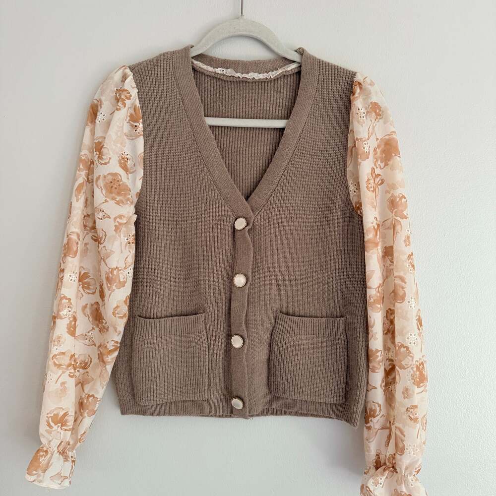 FLOWER LACE MESH LONG SLEEVE TOP AND KNIT VEST SET,